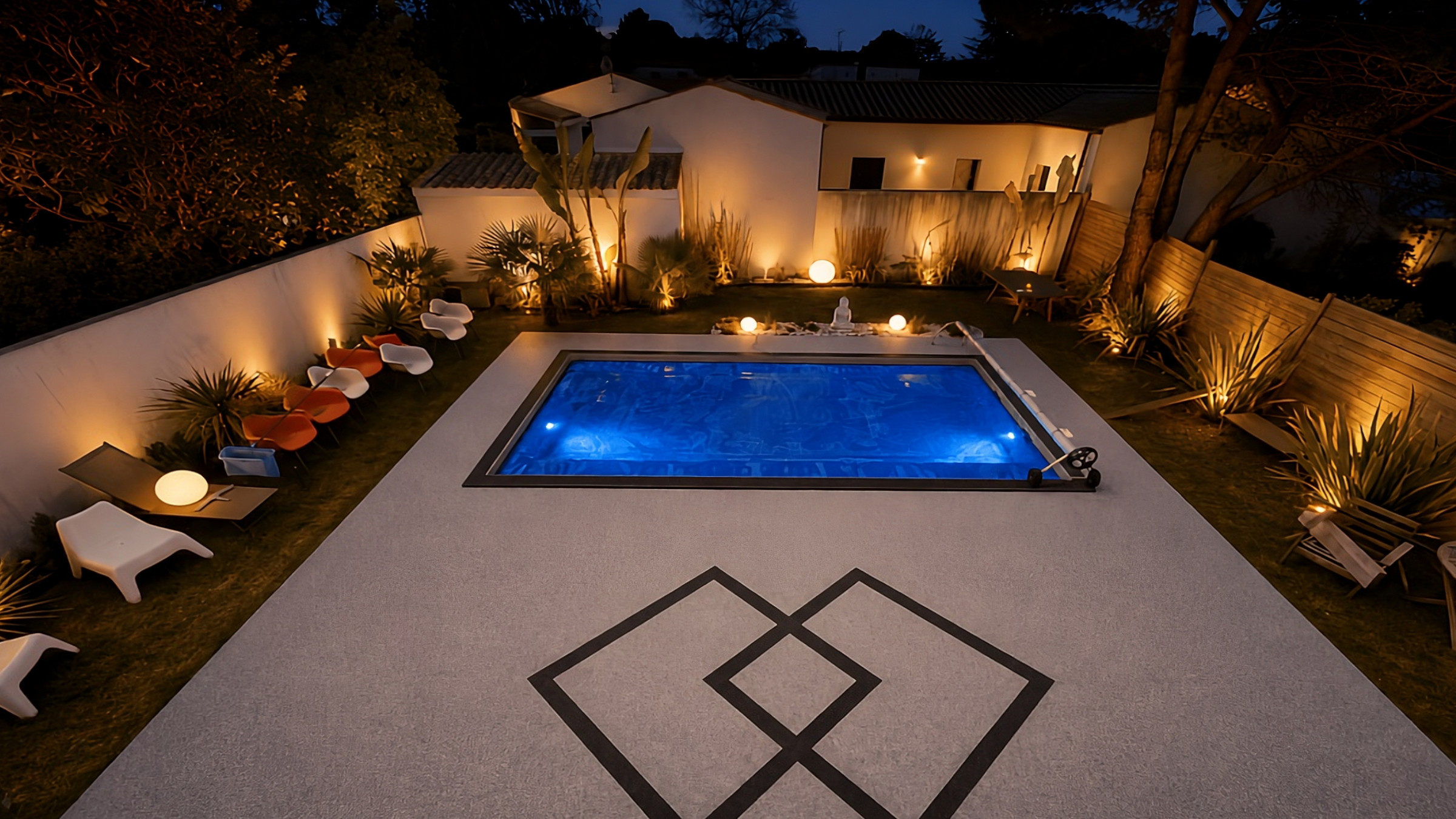 Terrasse en moquette de pierre au crépuscule